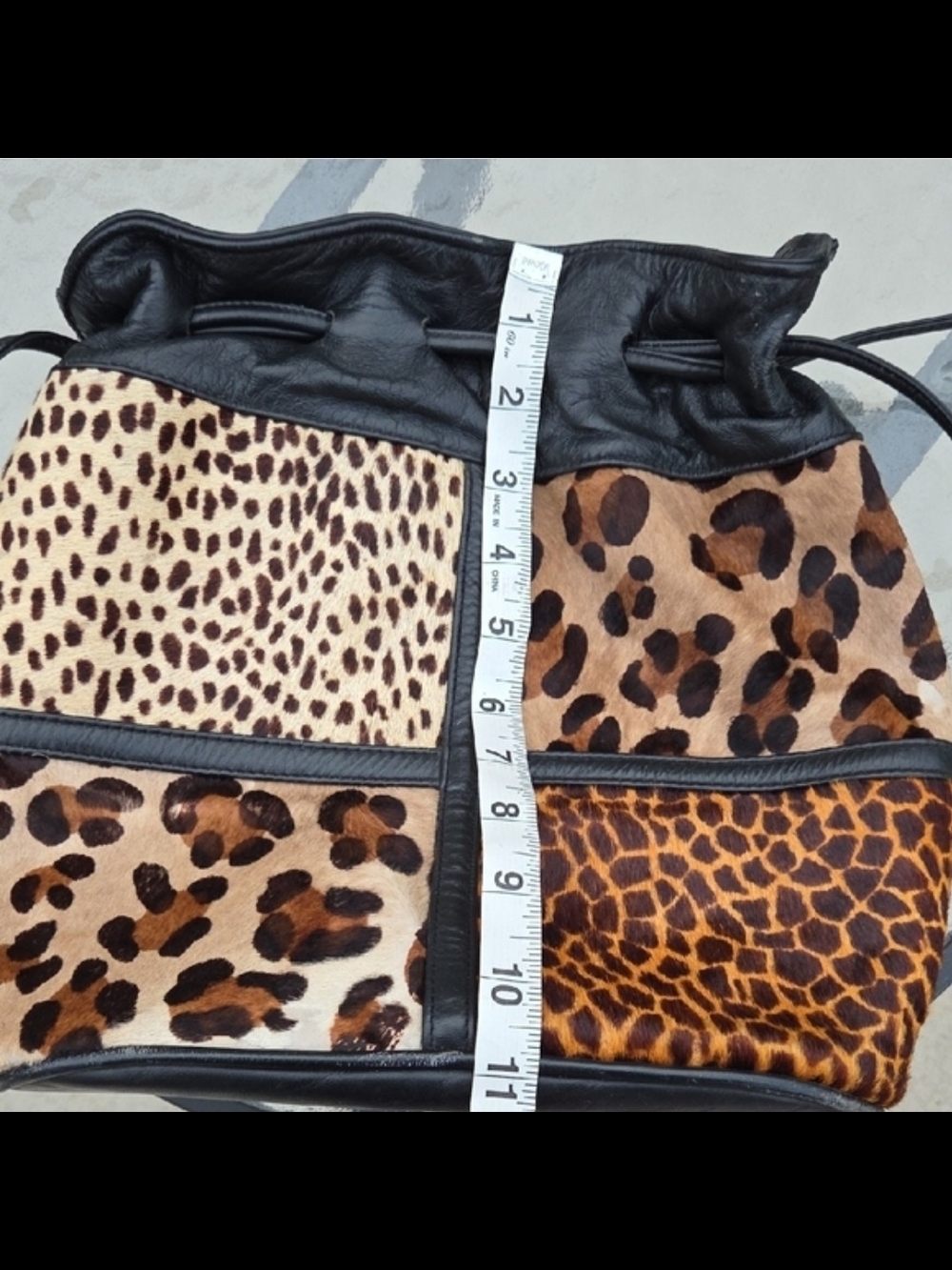 SAMIR Patchwork Leopard Print Drawstring Bucket Bag Leather - Picture 3 of 7